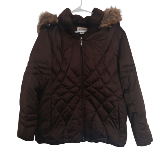St John's Bay Chocolate Brown Puff Coat with Fur Trimmed Hood Size Large - Picture 1 of 5